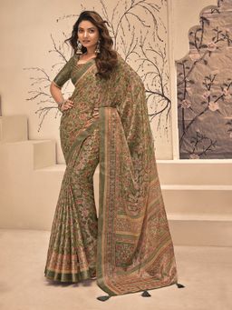MEENA BAZAAR - Floral Printed Art Silk Green Saree Without Blouse