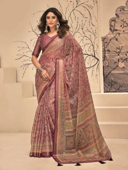 MEENA BAZAAR - Floral Printed Art Silk Pink Saree Without Blouse