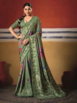 MEENA BAZAAR - Floral Printed Art Silk Green Saree Without Blouse