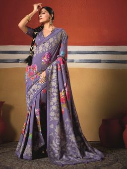 MEENA BAZAAR - Floral Printed Art Silk Lavender Saree Without Blouse