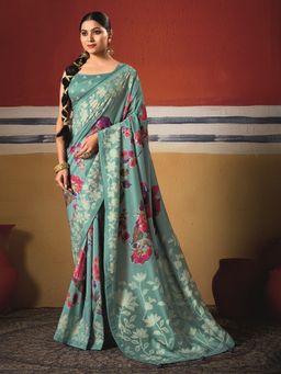 MEENA BAZAAR - Floral Printed Art Silk Green Saree Without Blouse
