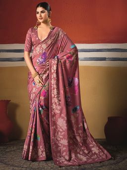 MEENA BAZAAR - Floral Printed Art Silk Pink Saree Without Blouse