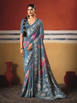 MEENA BAZAAR - Floral Printed Art Silk Grey Saree Without Blouse