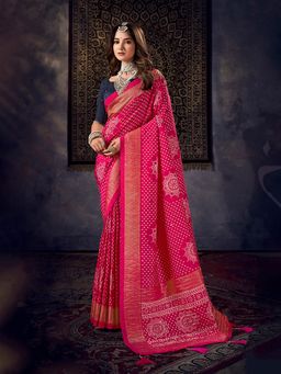 MEENA BAZAAR - Floral Printed Art Silk Pink Saree Without Blouse