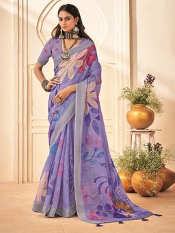 MEENA BAZAAR - Printed Cotton Purple Saree Without Blouse