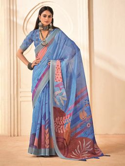 MEENA BAZAAR - Printed Cotton Blue Saree Without Blouse