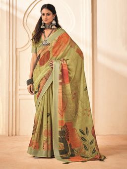 MEENA BAZAAR - Printed Cotton Green Saree Without Blouse