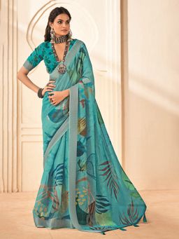 MEENA BAZAAR - Printed Cotton Blue Saree Without Blouse