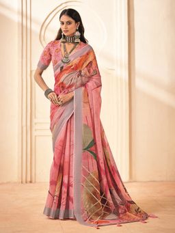 MEENA BAZAAR - Printed Cotton Pink Saree Without Blouse