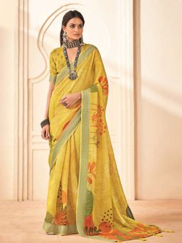 MEENA BAZAAR - Printed Cotton Yellow Saree Without Blouse
