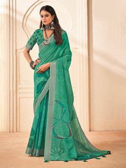 MEENA BAZAAR - Printed Cotton Green Saree Without Blouse