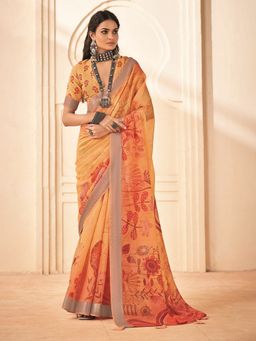 MEENA BAZAAR - Printed Cotton Orange Saree Without Blouse