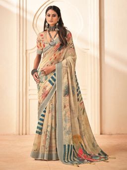 MEENA BAZAAR - Printed Cotton Beige Saree Without Blouse