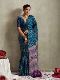 MEENA BAZAAR - Floral Printed Satin Blue Saree Without Blouse