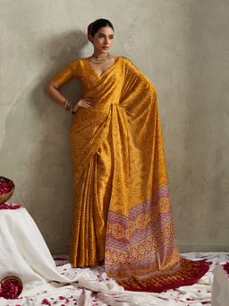 MEENA BAZAAR - Floral Printed Satin Mustard Saree Without Blouse