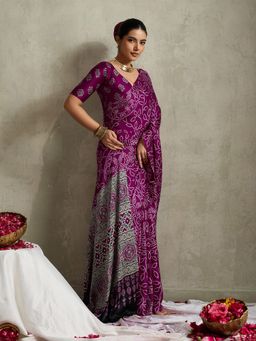 MEENA BAZAAR - Floral Printed Satin Wine Saree Without Blouse