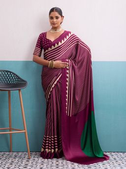 MEENA BAZAAR - Stripe Printed Satin Wine Saree Without Blouse