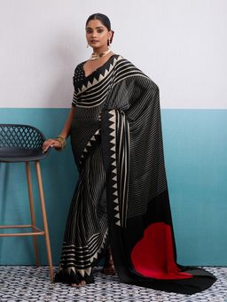 MEENA BAZAAR - Stripe Printed Satin Black Saree Without Blouse