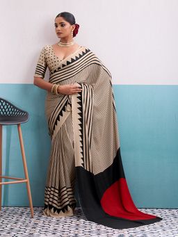MEENA BAZAAR - Stripe Printed Satin Beige Saree Without Blouse