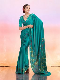 MEENA BAZAAR - Bandhani Printed Satin Blue Saree Without Blouse