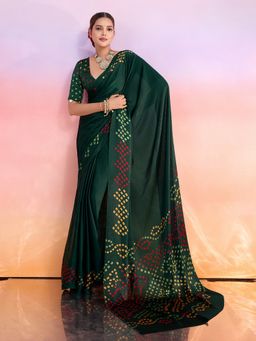 MEENA BAZAAR - Bandhani Printed Satin Green Saree Without Blouse