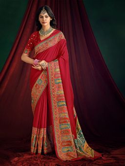 MEENA BAZAAR - Paisley Printed Art Silk Red Saree Without Blouse