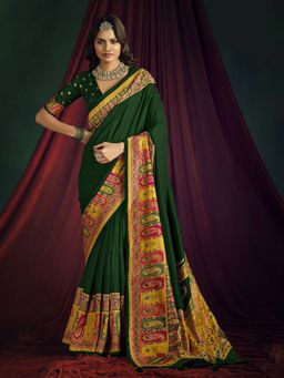 MEENA BAZAAR - Paisley Printed Art Silk Green Saree Without Blouse