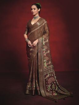 MEENA BAZAAR - Printed Zari Art Silk Brown Saree Without Blouse