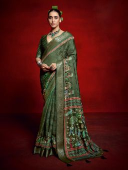 MEENA BAZAAR - Self Design Woven Zari Art Silk Green Saree Without Blouse