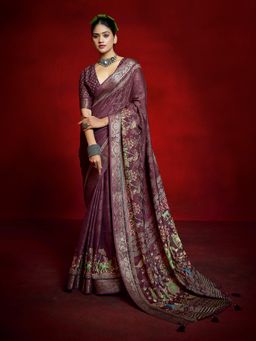 MEENA BAZAAR - Printed Zari Art Silk Wine Saree Without Blouse