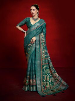 MEENA BAZAAR - Printed Zari Art Silk Blue Saree Without Blouse