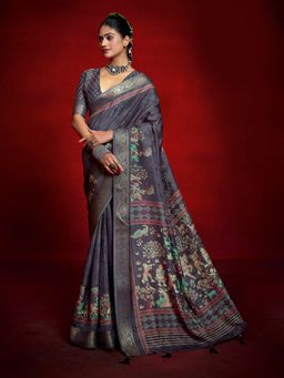 MEENA BAZAAR - Self Design Woven Zari Art Silk Lavender Saree Without Blouse