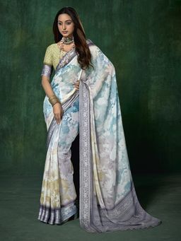 MEENA BAZAAR - Floral Printed Georgette Blue Saree Without Blouse