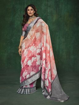MEENA BAZAAR - Floral Printed Georgette Peach Saree Without Blouse
