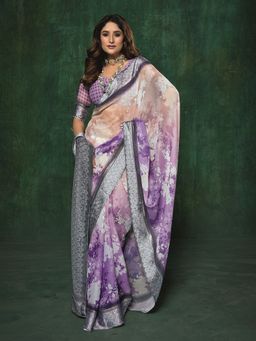 MEENA BAZAAR - Floral Printed Georgette Multicolor Saree Without Blouse