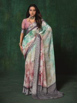 MEENA BAZAAR - Floral Printed Georgette Multicolor Saree Without Blouse