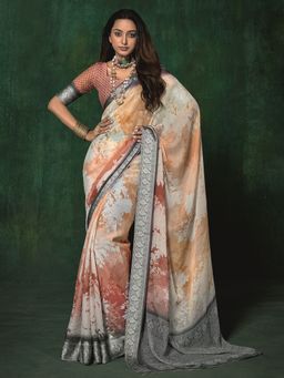 MEENA BAZAAR - Floral Printed Georgette Peach Saree Without Blouse