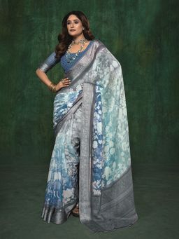 MEENA BAZAAR - Floral Printed Georgette Blue Saree Without Blouse
