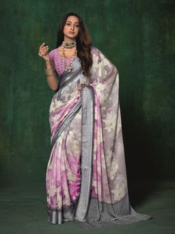 MEENA BAZAAR - Floral Printed Georgette Multicolor Saree Without Blouse