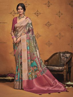 MEENA BAZAAR - Floral Printed Art Silk Beige Saree Without Blouse