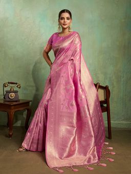 MEENA BAZAAR - Floral Woven Zari Art Silk Pink Saree Without Blouse