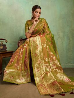 MEENA BAZAAR - Floral Woven Zari Art Silk Green Saree Without Blouse