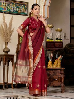MEENA BAZAAR - Floral Embroidered Linen Maroon Saree Without Blouse