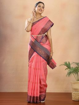 Hella Fashions - Women Art Silk Woven Zari Coral Saree With Unstitched Blouse