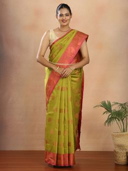 Hella Fashions - Women Art Silk Woven Zari Green Saree With Unstitched Blouse