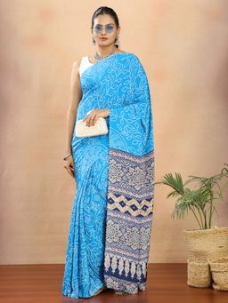Hella Fashions - Crepe Silk Bandhani Print Blue Saree With Unstitched Blouse