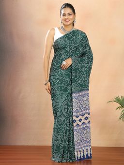Hella Fashions - Crepe Silk Bandhani Print Green Saree With Unstitched Blouse