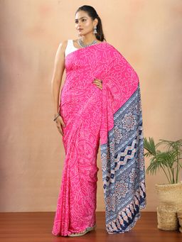 Hella Fashions - Crepe Silk Bandhani Print Pink Saree With Unstitched Blouse