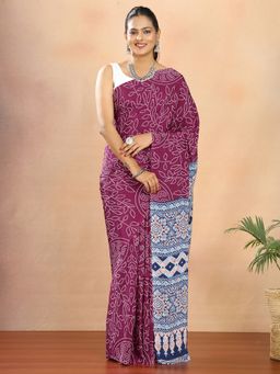 Hella Fashions - Crepe Silk Bandhani Print Wine Saree With Unstitched Blouse