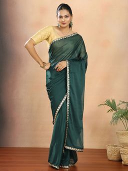 Hella Fashions - Tissue Solid Lace Work Green Saree With Unstitched Blouse